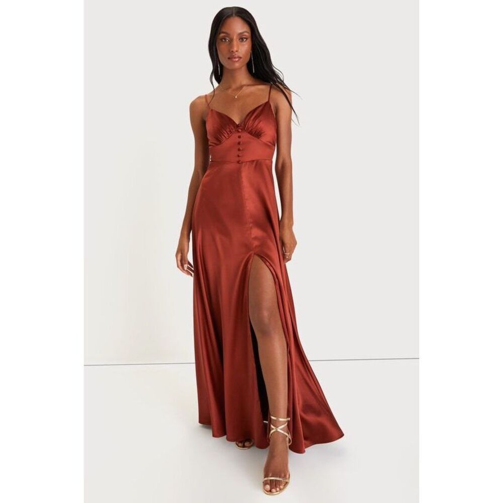 Lulus Refined Perfection Rust Brown Satin Sleeveless Maxi Dress - Size XS